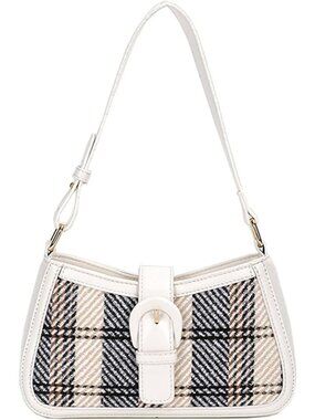 Women's White Plaid Striped Woolden Cloth Shoulder Tote Bag Chain Strap Gift